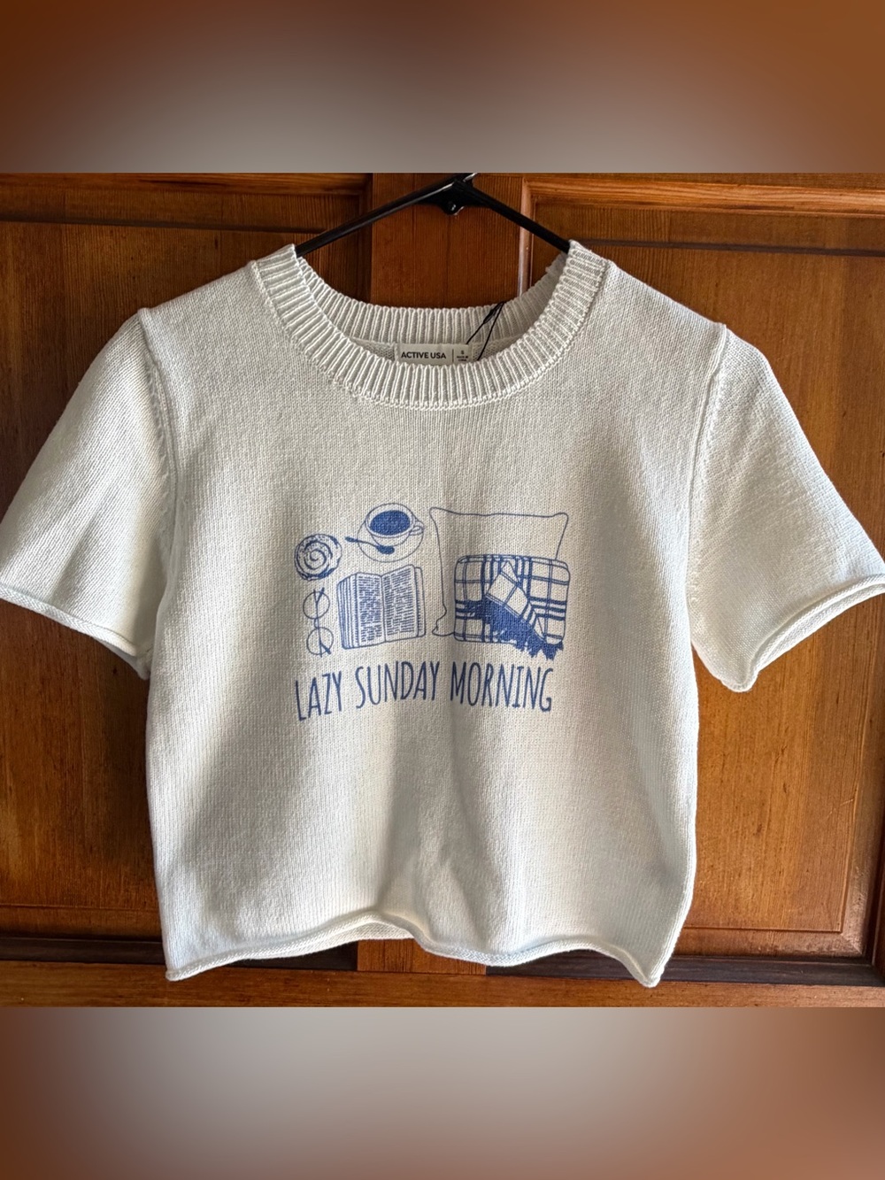 NEW Lazy Sunday Morning' Short Sleeve Top - White with Blue Graphic